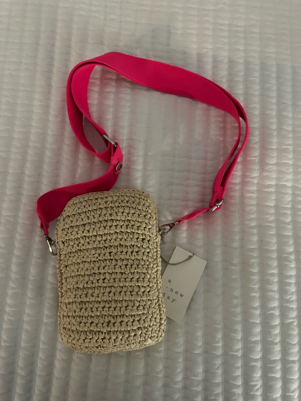 Straw Crossbody  Bag with Pink Strap